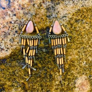 Bohemian bamboo silver metal and pink genuine stone rose opal Dangle Earrings